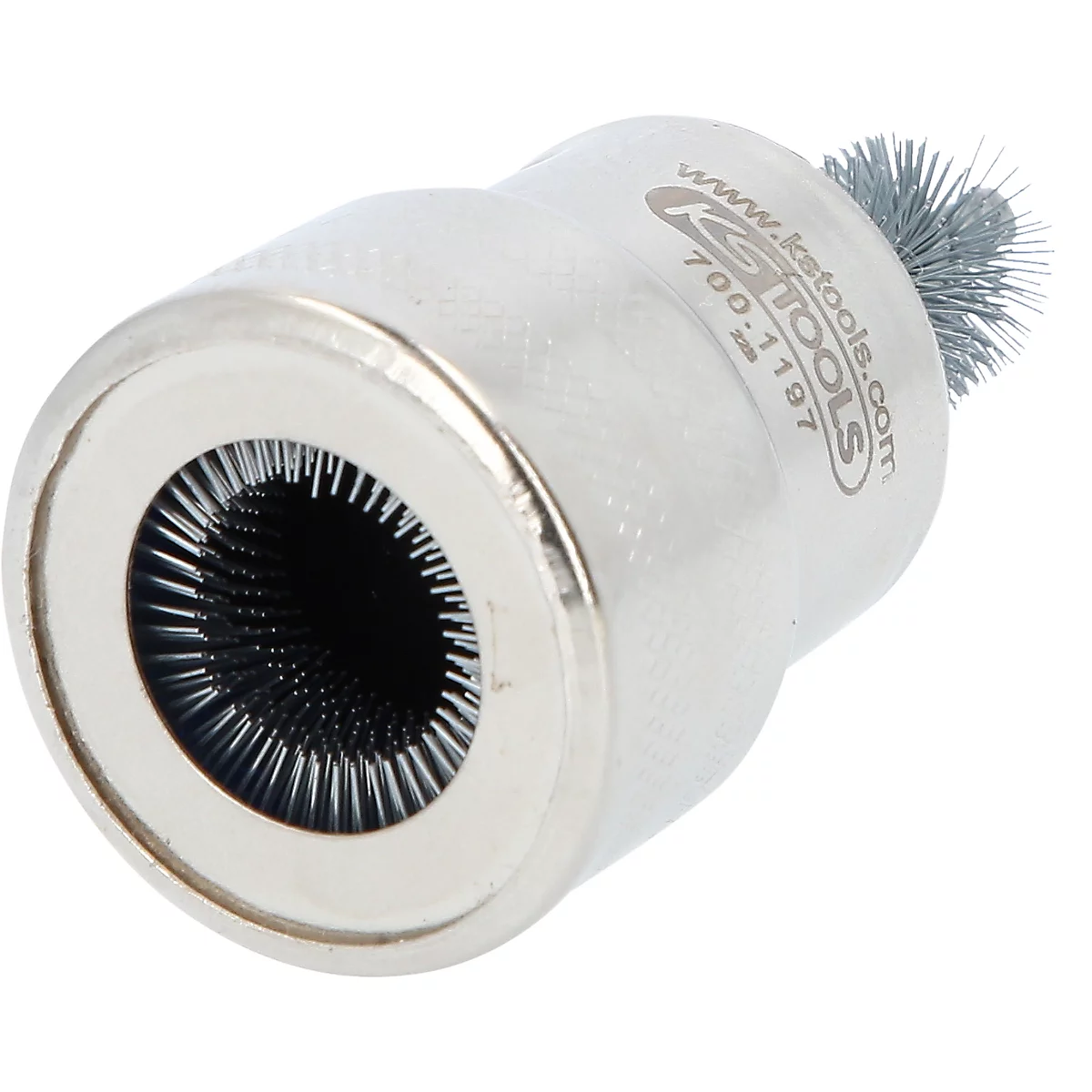 Nahaufnahme einer Metallbürste für die Reinigung. Auf dem Gehäuse ist 'KS TOOLS' und eine Artikelnummer zu sehen.